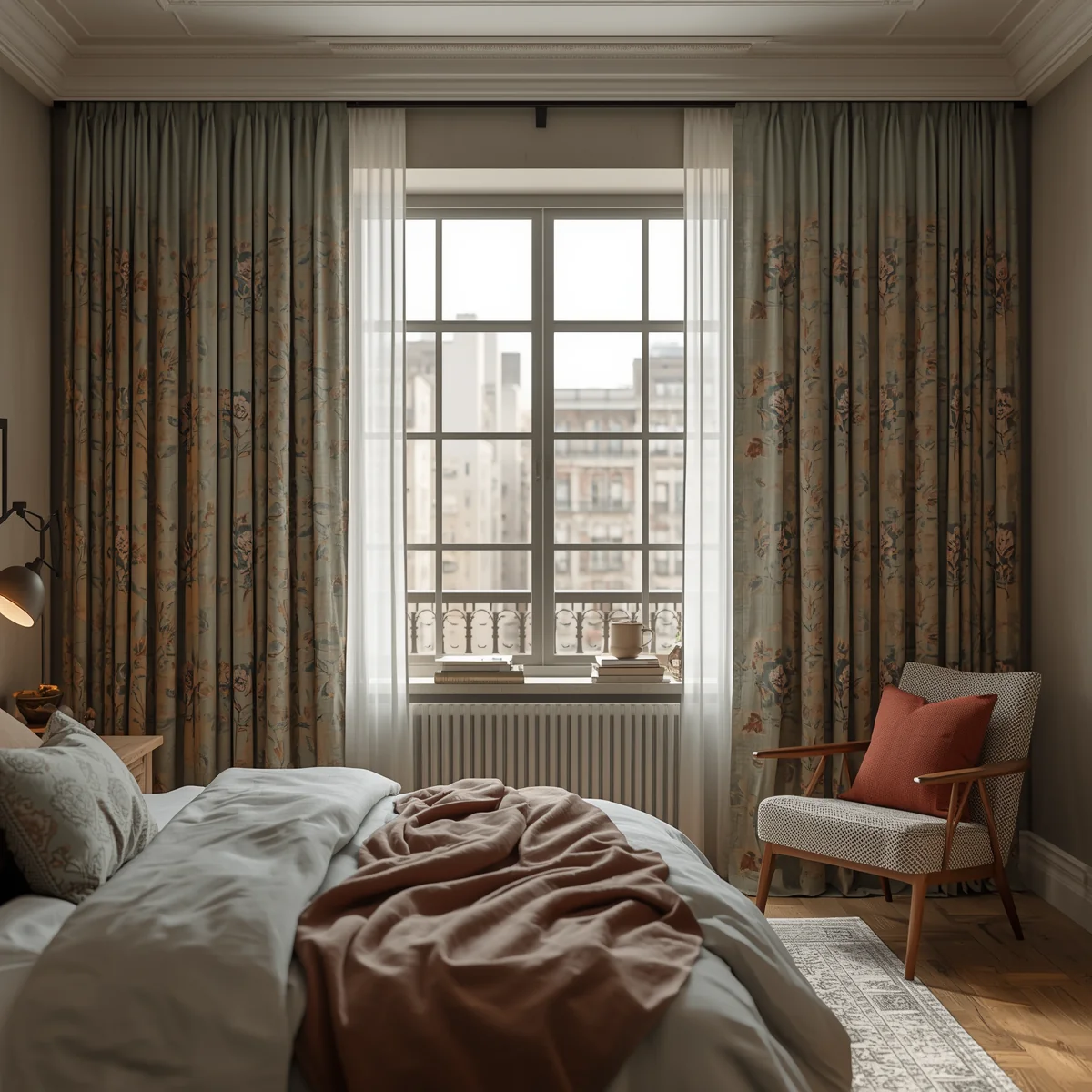 Ultra-realistic_modern_American_bedroom_interior_featuring_elegant_floral_block_print_curtains_as_main_focal_point_soft_natural_sunlight_flowing_through_large_windows_with_beautifully